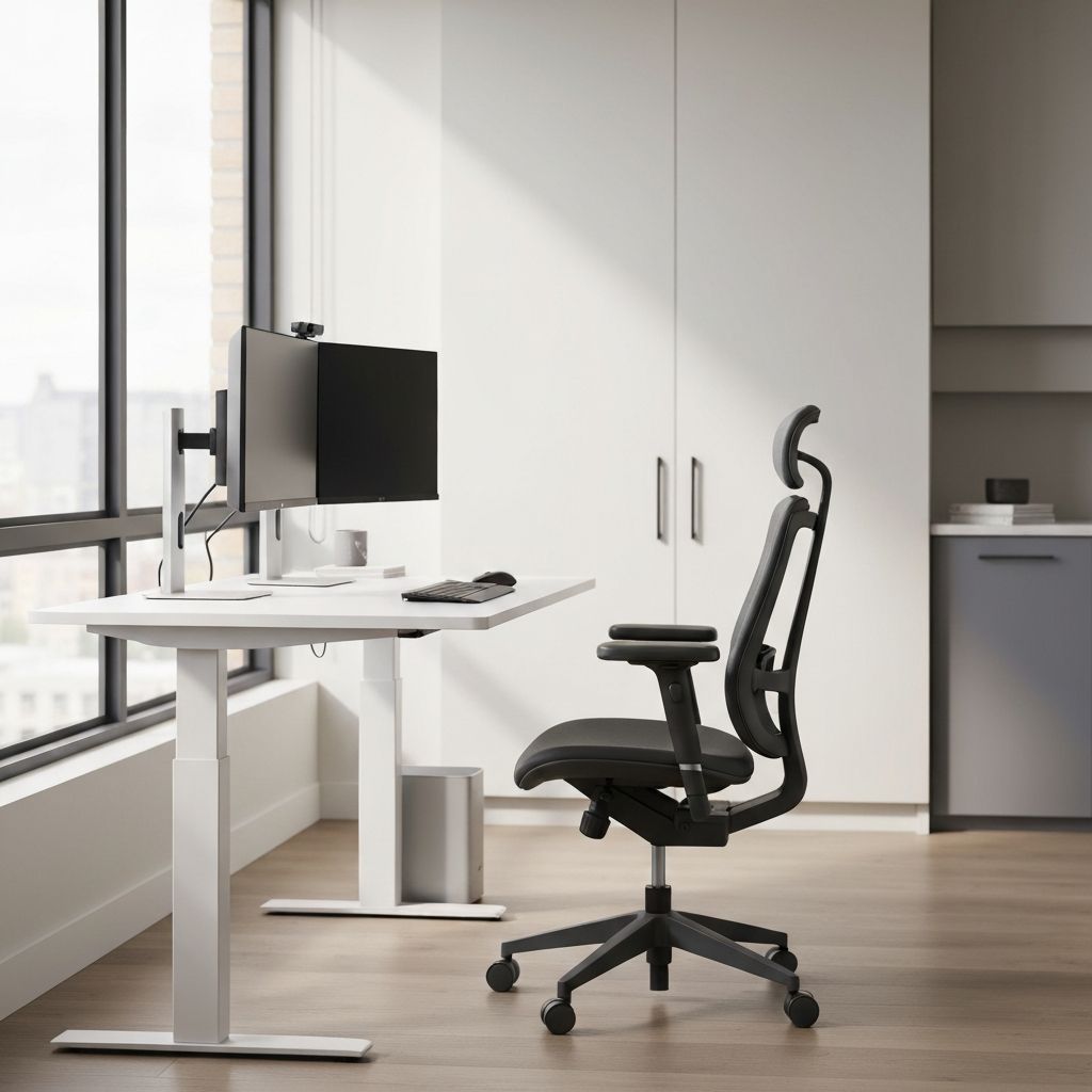 Modern workspace setup with standing desk and dual monitors